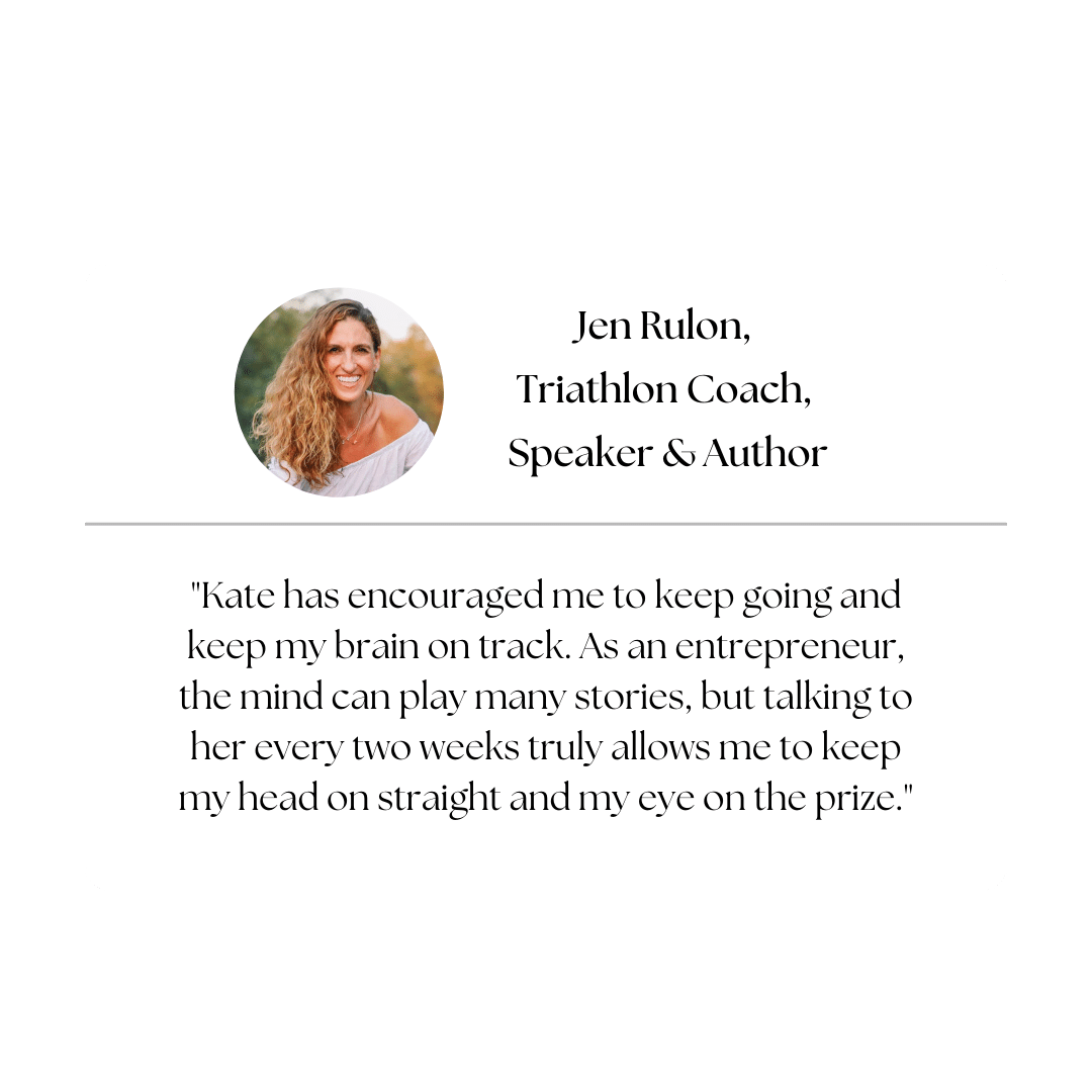 Profile and testimonial of Jen Rulon, a triathlon coach, speaker, and author, expressing gratitude towards Kate for encouragement and mental focus.