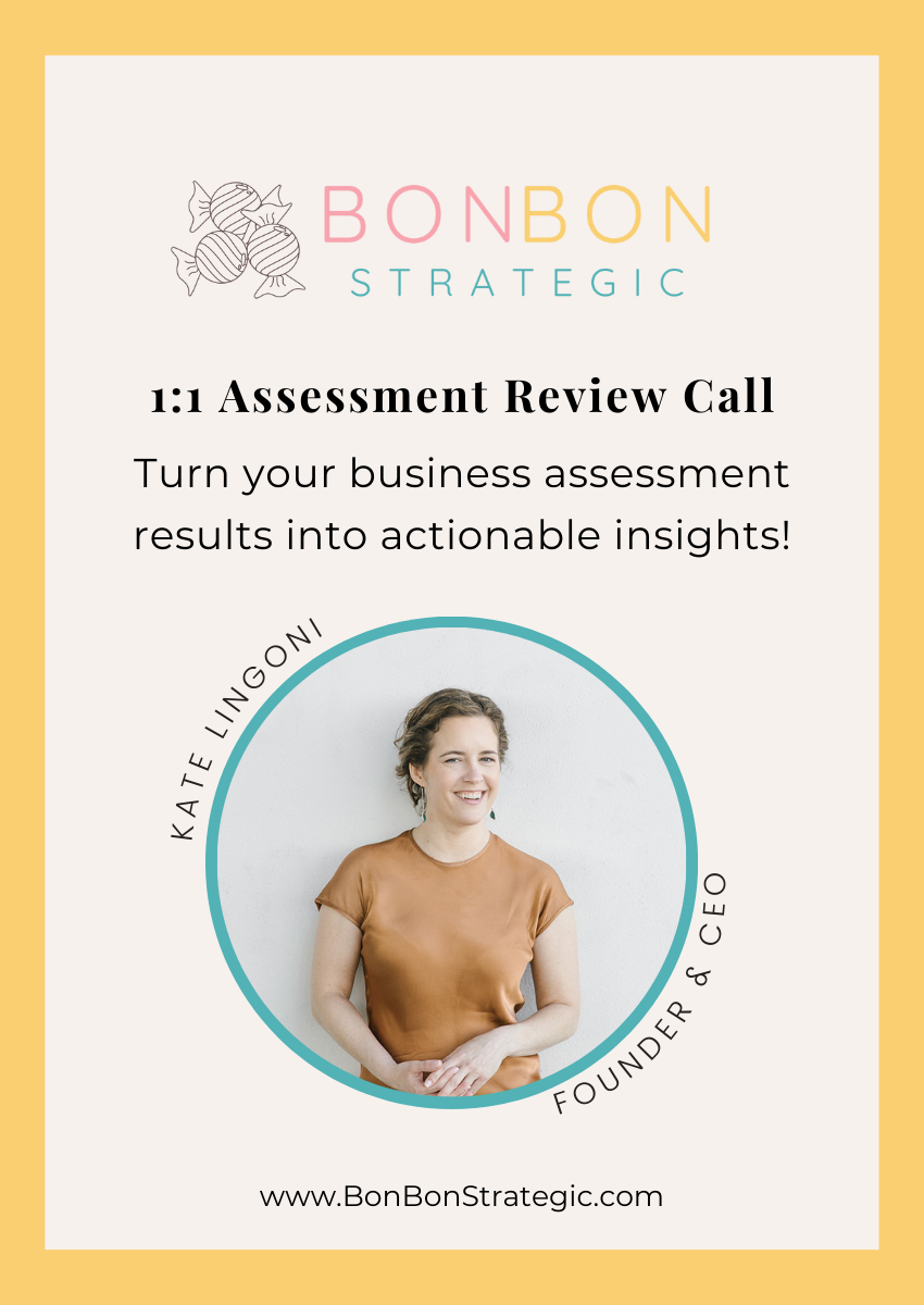 BonBon Strategic promotional graphic featuring a smiling woman identified as the founder and CEO of the company. Includes the text: '1:1 Assessment Review Call' with a prompt to turn business assessment results into actionable insights. Company website listed at the bottom.